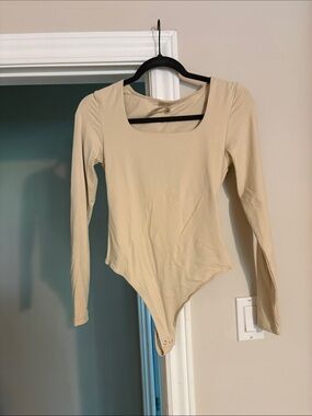 RD Style Second Skin Long Sleeve Square Neck Beige Bodysuit - Women's Top